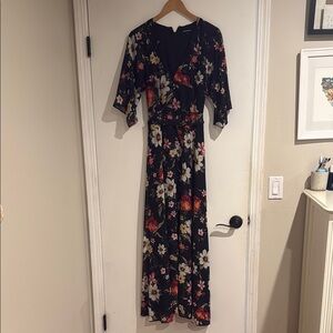 Yumi Kim Black Floral Maxi Wrap Dress with Red & Cream Blooms